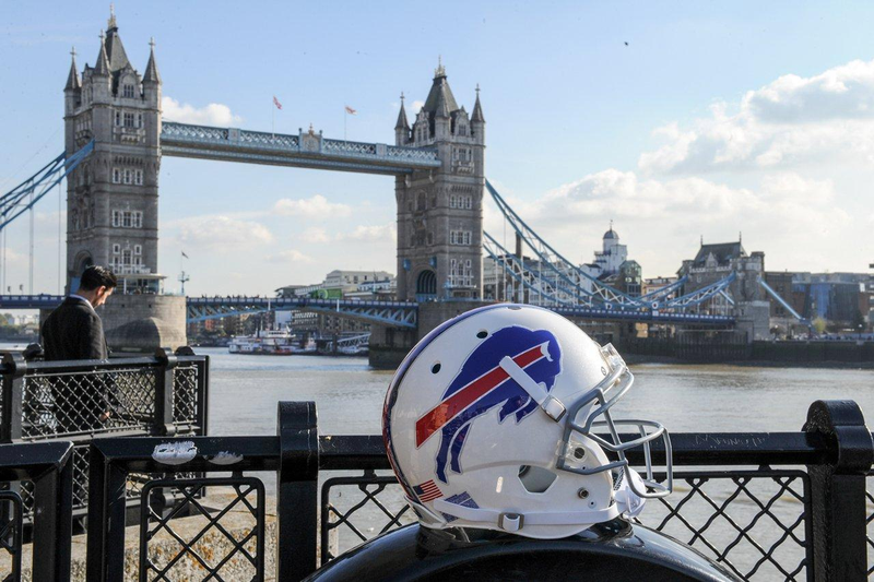 A Buffalo Bills helmet enjoys the view of Tower Bridge as the team visits London this week. (Photo: Buffalo Bills)